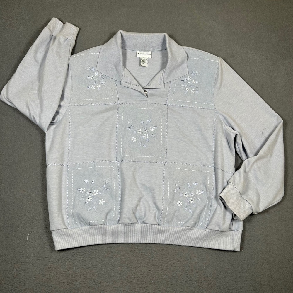 Alfred Dunner Sweatshirt Womens XL Blue Floral Embroidered Polo Collar Vintage